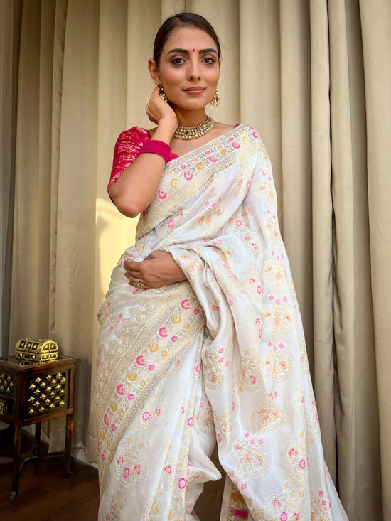 Vivah White Banarasi Soft Silk Saree