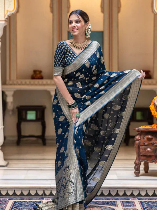 Vivah Midnight Blue Banarasi Silk Saree with Silver Zari Border