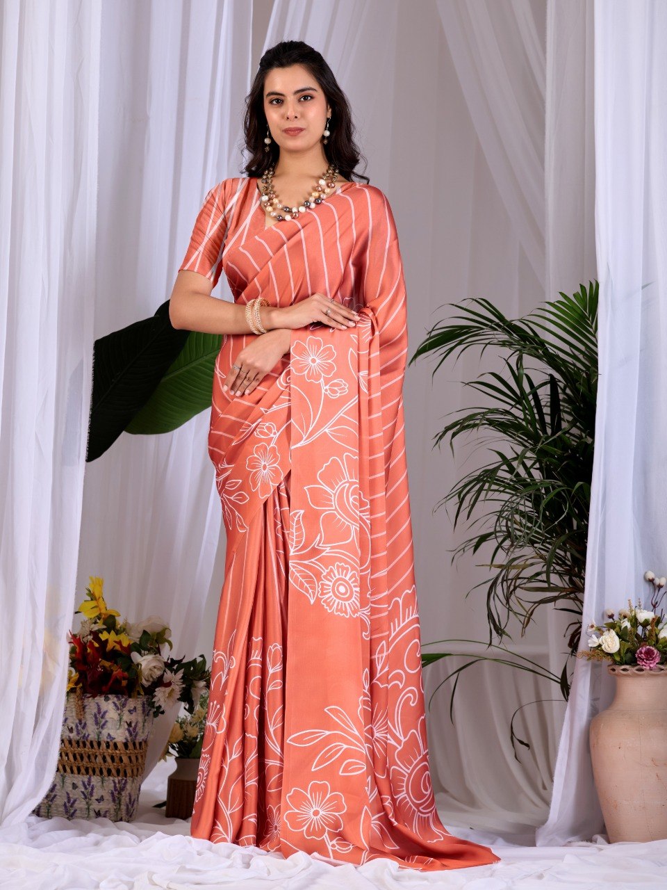 Peach Floral Printed Soft Satin Georgette Saree With Matching Blouse