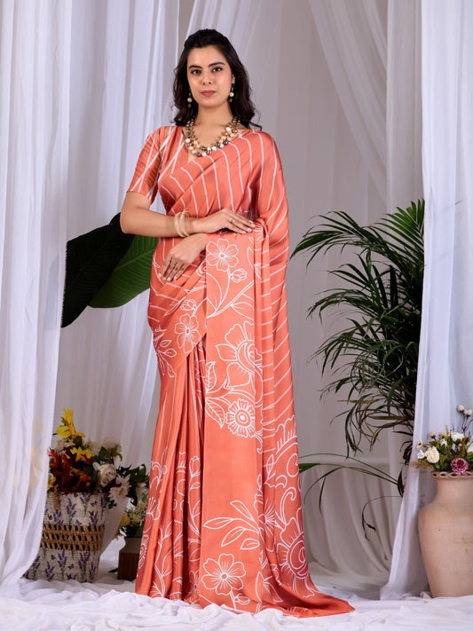 Peach Floral Printed Soft Satin Georgette Saree With Matching Blouse
