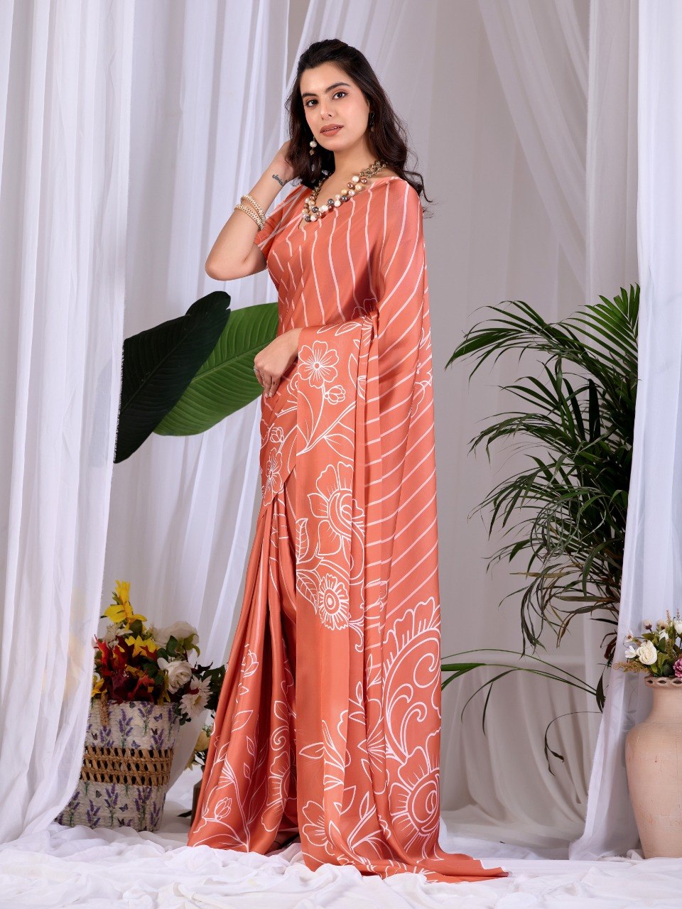 Peach Floral Printed Soft Satin Georgette Saree With Matching Blouse
