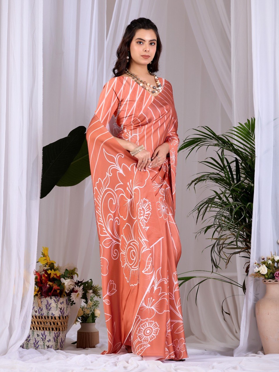 Peach Floral Printed Soft Satin Georgette Saree With Matching Blouse
