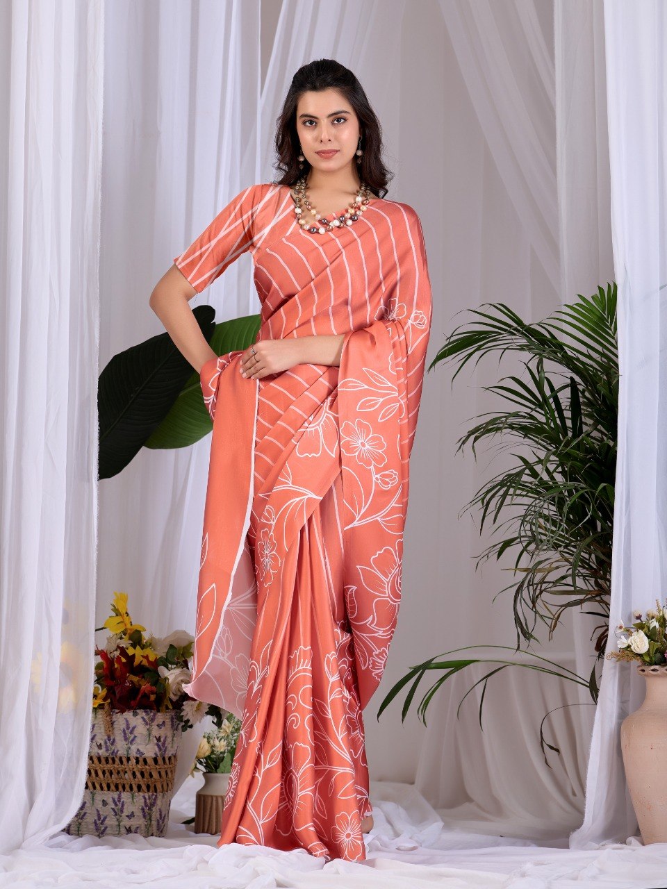 Peach Floral Printed Soft Satin Georgette Saree With Matching Blouse