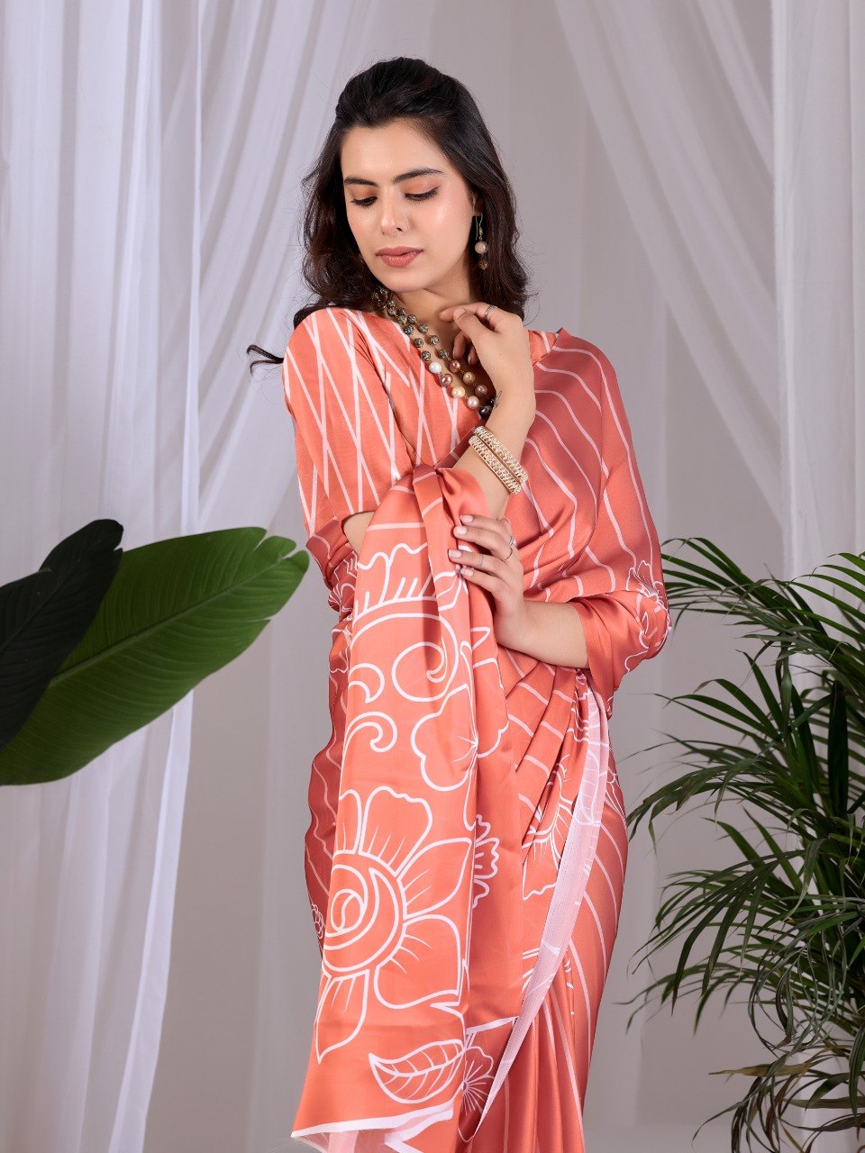 Peach Floral Printed Soft Satin Georgette Saree With Matching Blouse