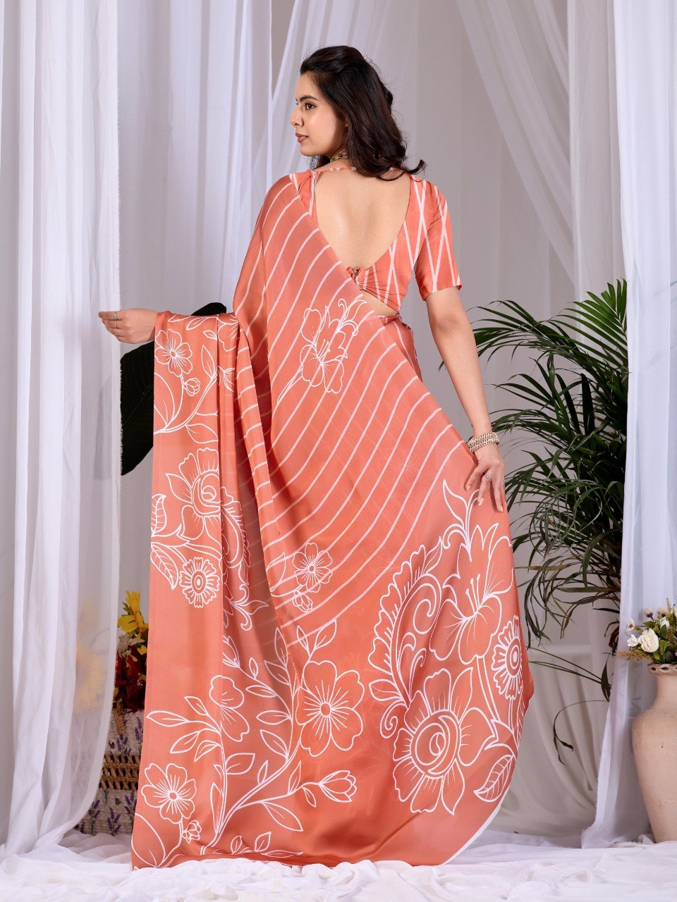 Peach Floral Printed Soft Satin Georgette Saree With Matching Blouse