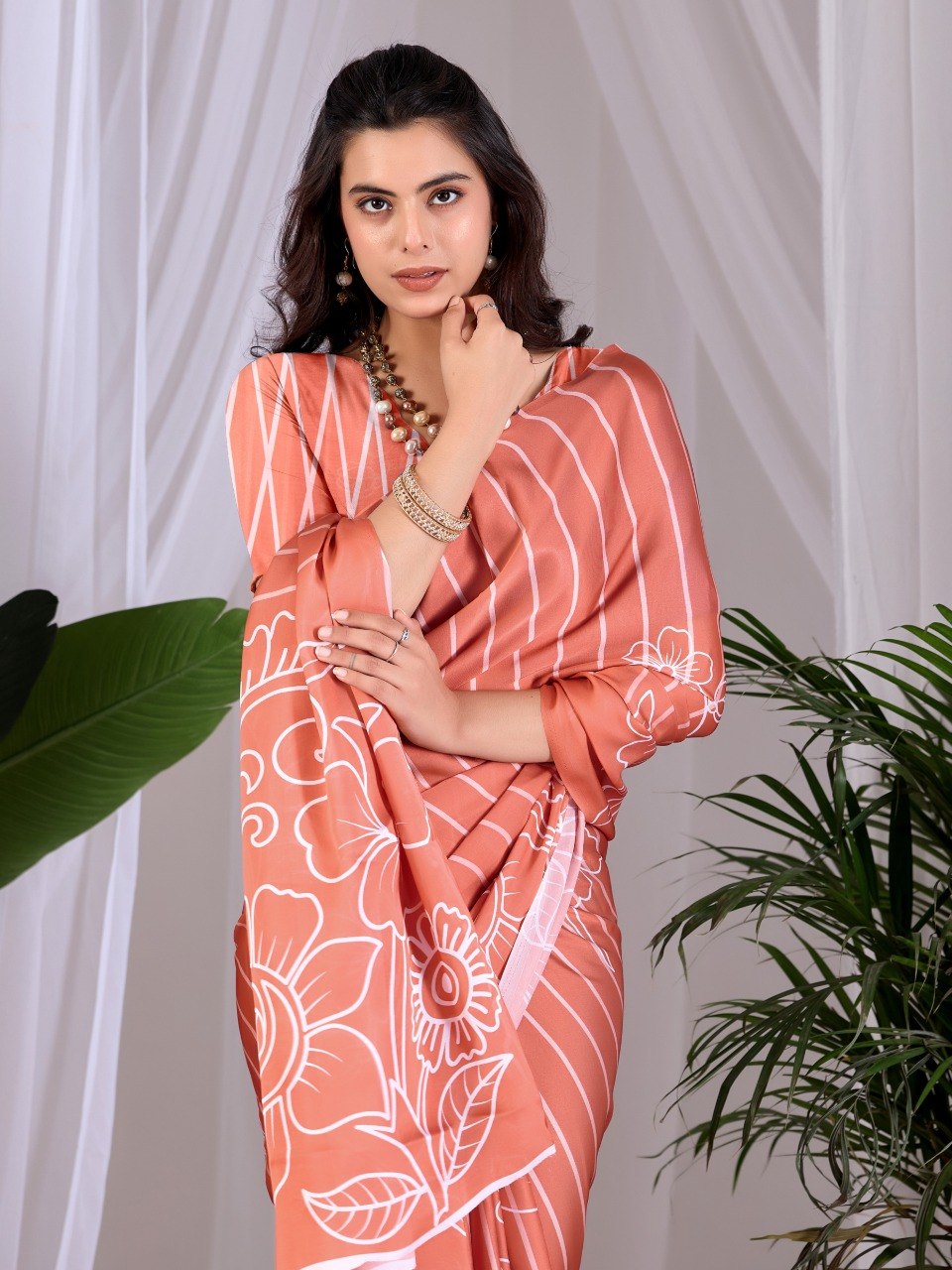 Peach Floral Printed Soft Satin Georgette Saree With Matching Blouse