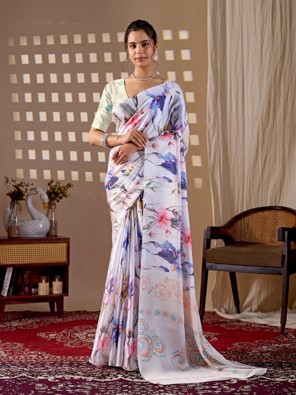White Floral Soft Satin Georgette Saree