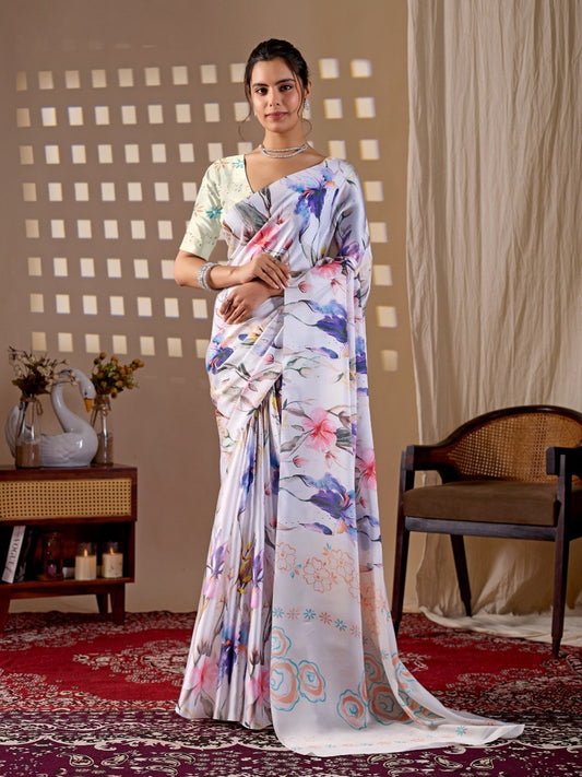 White Floral Soft Satin Georgette Saree