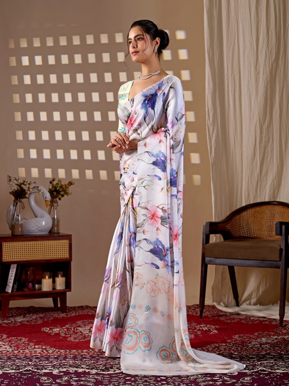 White Floral Soft Satin Georgette Saree