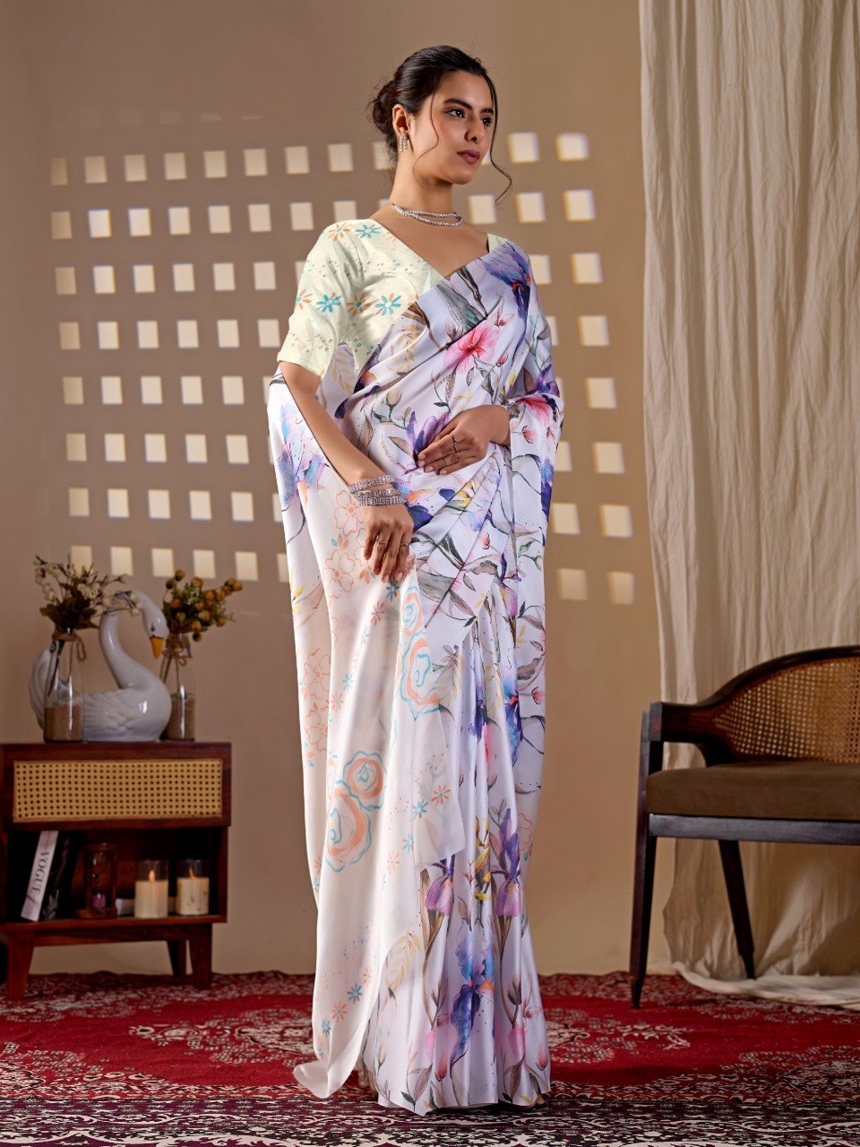 White Floral Soft Satin Georgette Saree