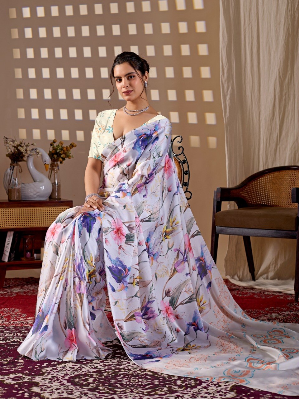 White Floral Soft Satin Georgette Saree