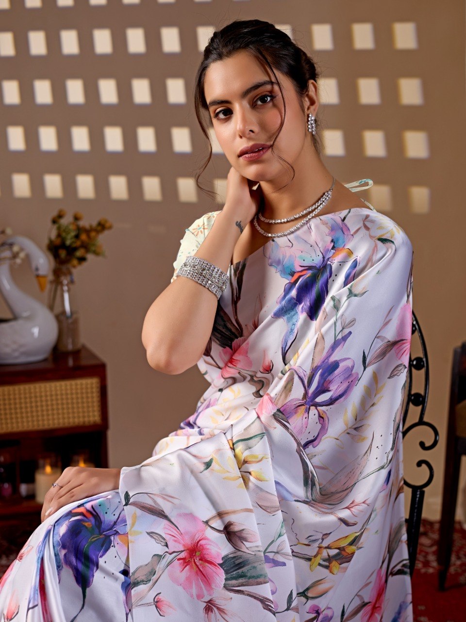 White Floral Soft Satin Georgette Saree