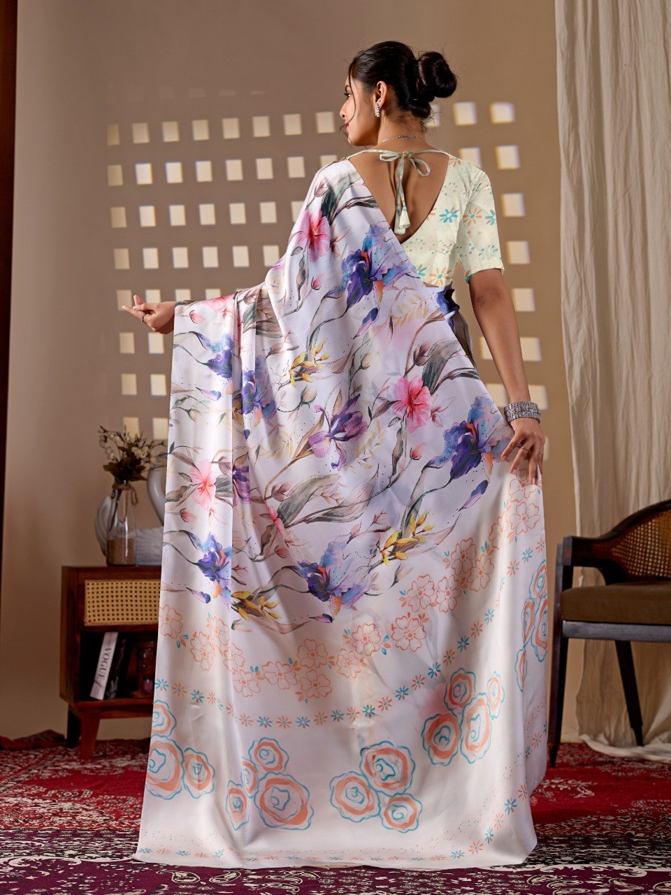 White Floral Soft Satin Georgette Saree