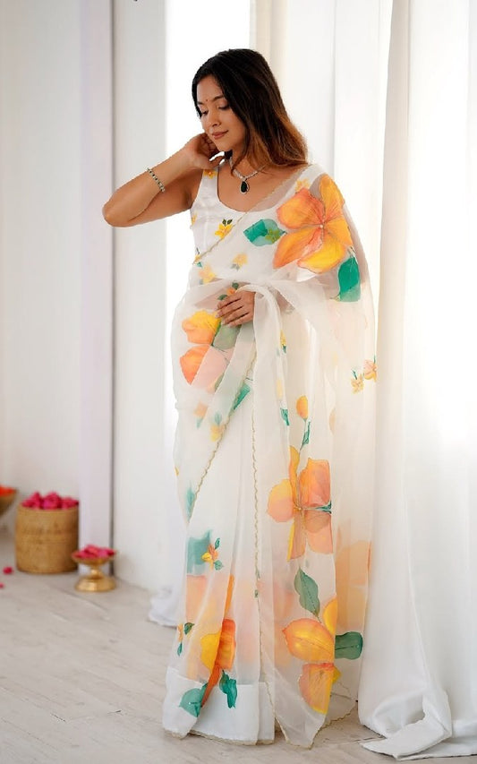 White Floral Printed Organza Silk Ready-To-Wear Saree