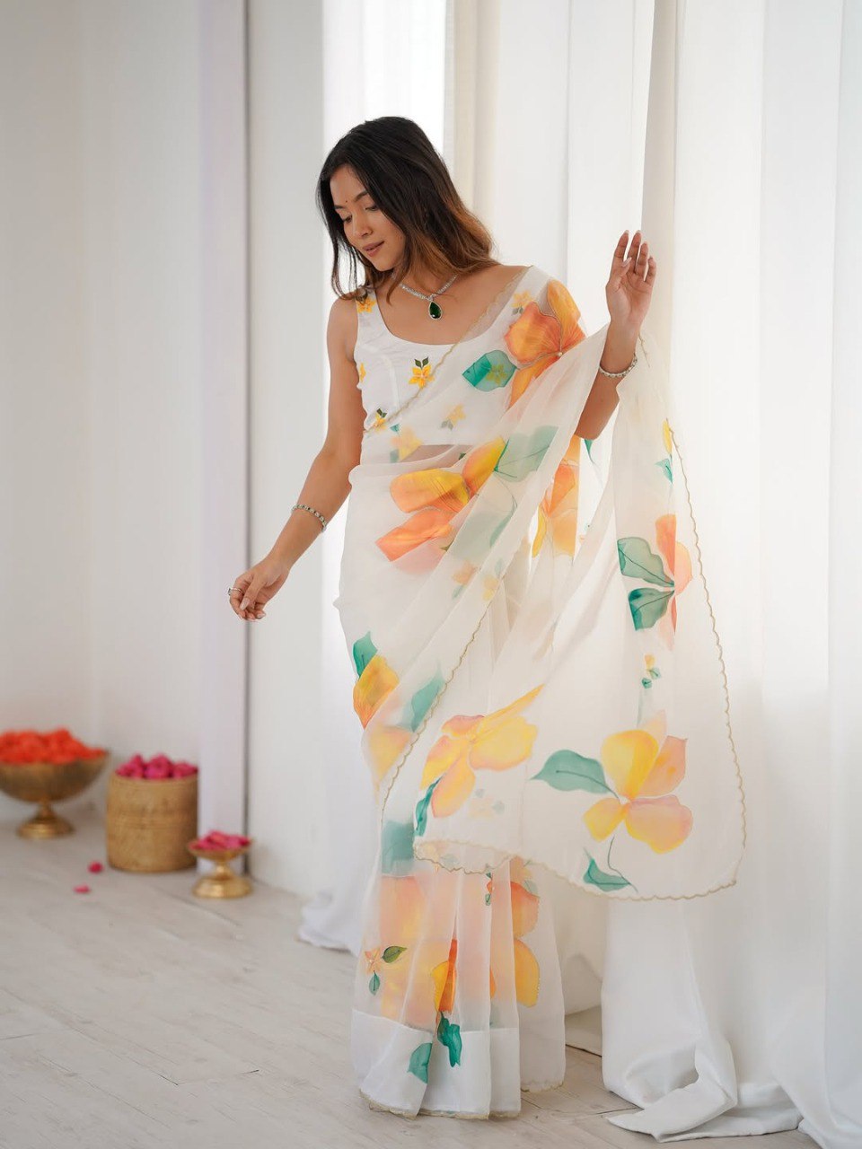 White Floral Printed Organza Silk Ready-To-Wear Saree