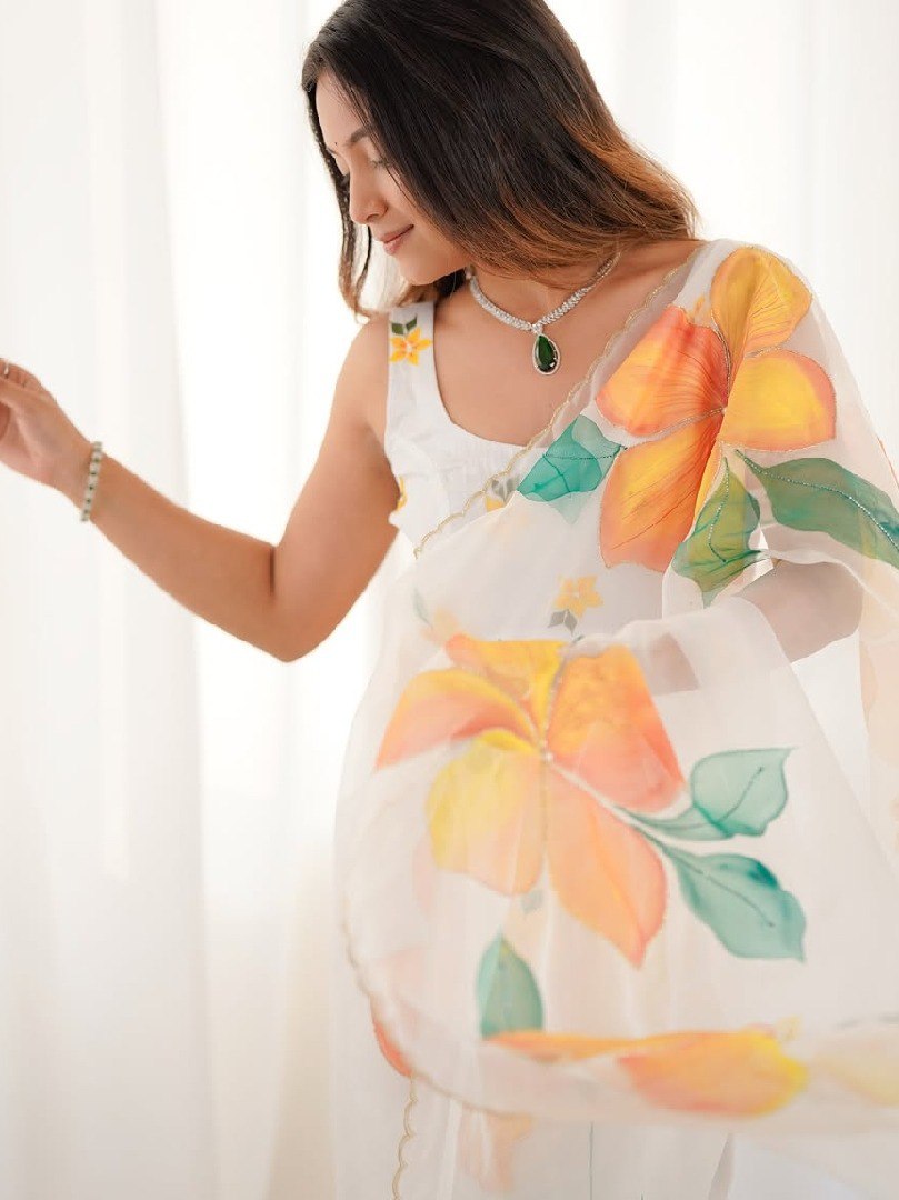 White Floral Printed Organza Silk Ready-To-Wear Saree