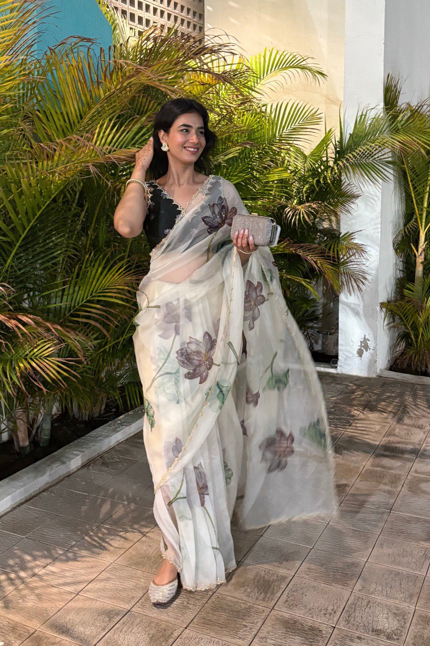 Vivah Elegant White Floral Organza Silk Ready-To-Wear Saree