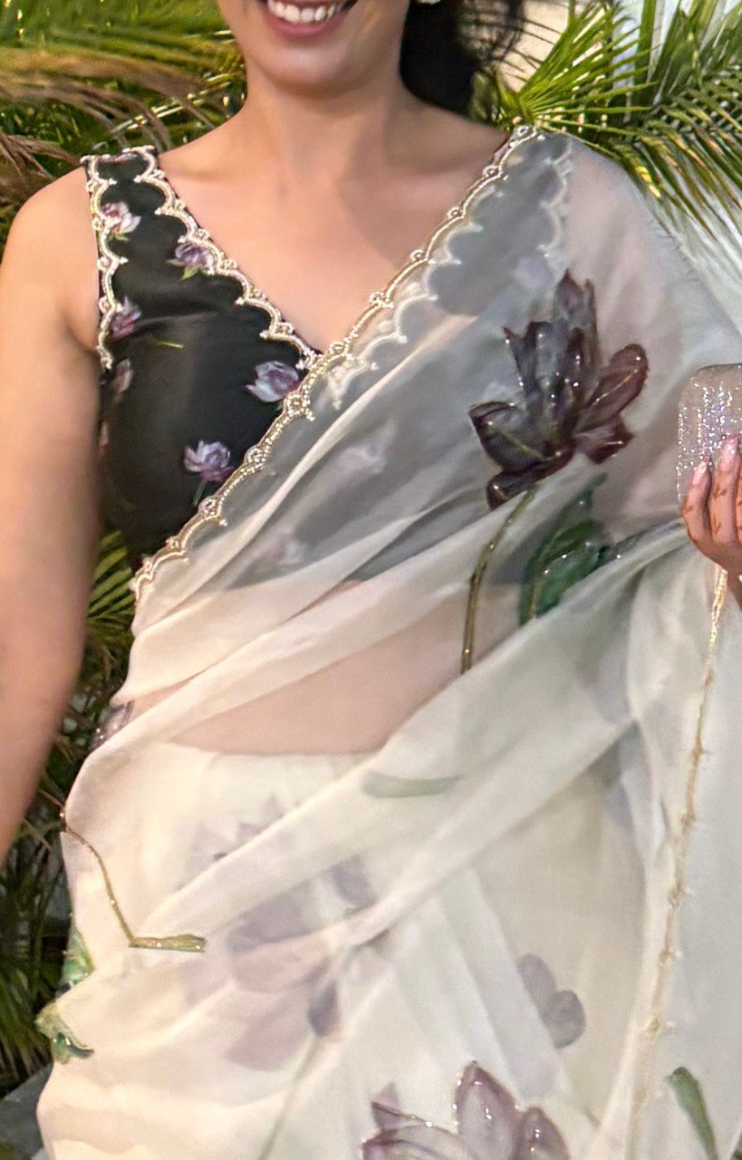 Vivah Elegant White Floral Organza Silk Ready-To-Wear Saree