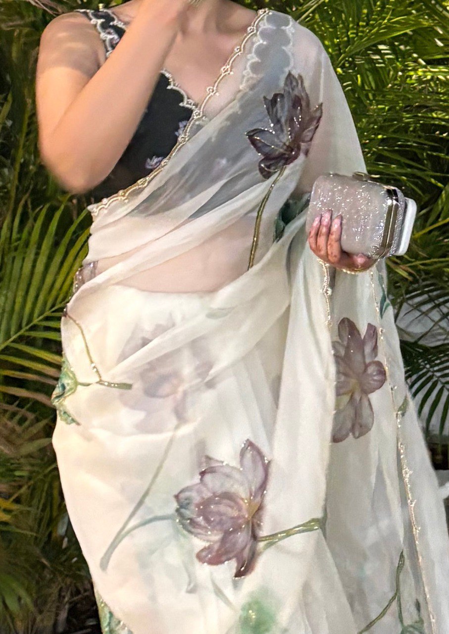Vivah Elegant White Floral Organza Silk Ready-To-Wear Saree