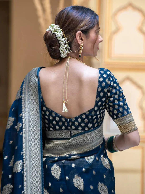 Vivah Midnight Blue Banarasi Silk Saree with Silver Zari Border