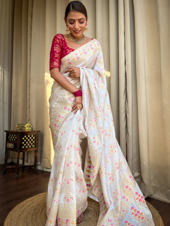 Vivah White Banarasi Soft Silk Saree