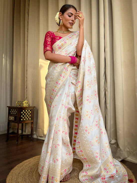 Vivah White Banarasi Soft Silk Saree
