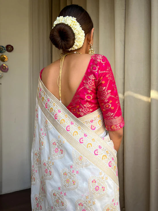 Vivah White Banarasi Soft Silk Saree