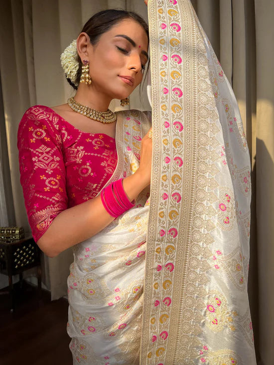 Vivah White Banarasi Soft Silk Saree