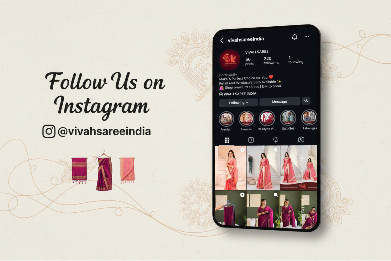 Vivah Saree India Instagram profile with saree images and product categories.
