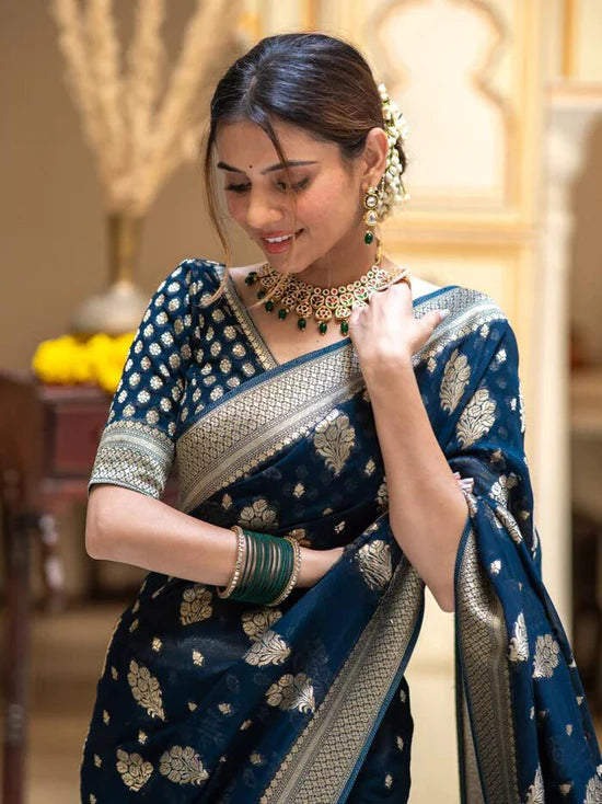 Vivah Midnight Blue Banarasi Silk Saree with Silver Zari Border