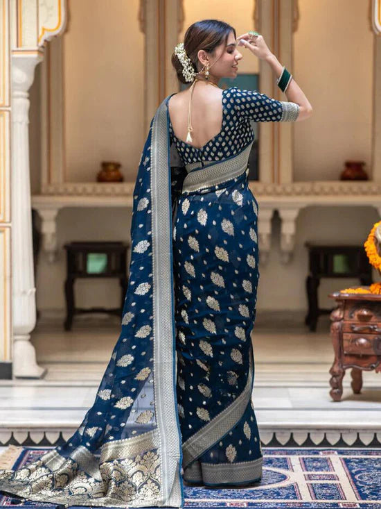 Vivah Midnight Blue Banarasi Silk Saree with Silver Zari Border