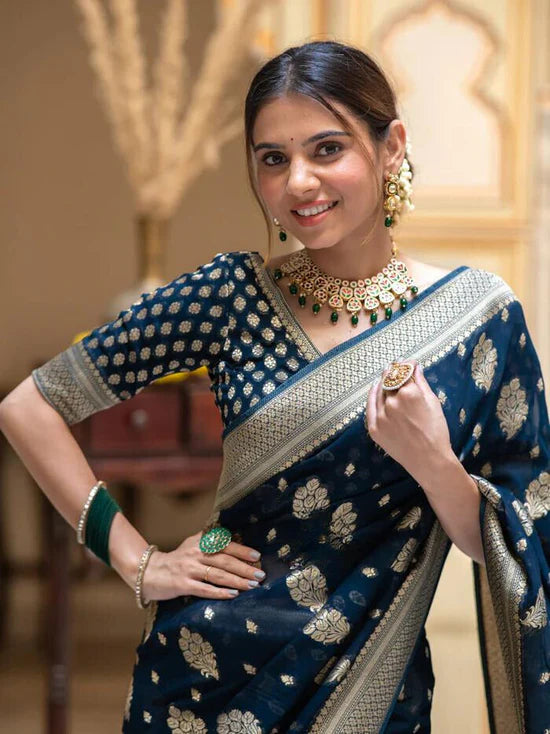 Vivah Midnight Blue Banarasi Silk Saree with Silver Zari Border
