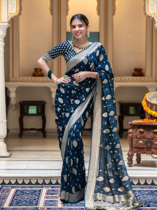 Vivah Midnight Blue Banarasi Silk Saree with Silver Zari Border