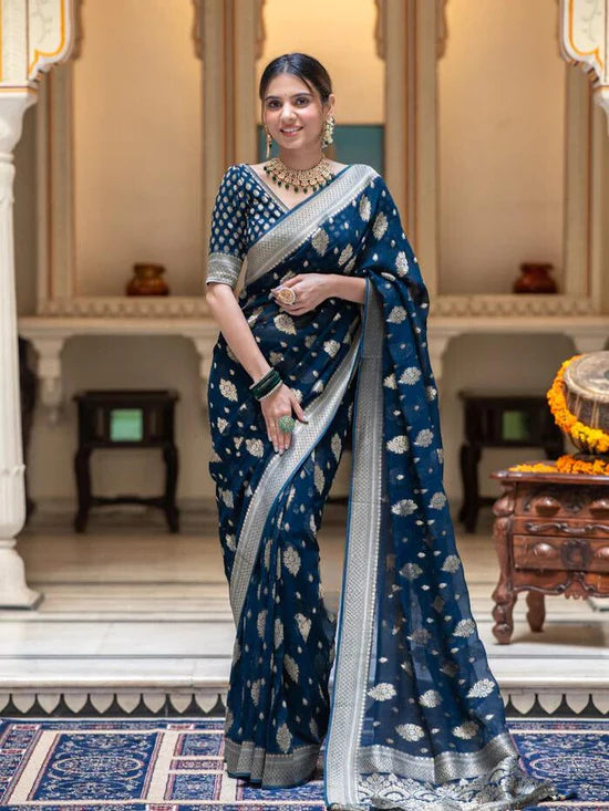 Vivah Midnight Blue Banarasi Silk Saree with Silver Zari Border